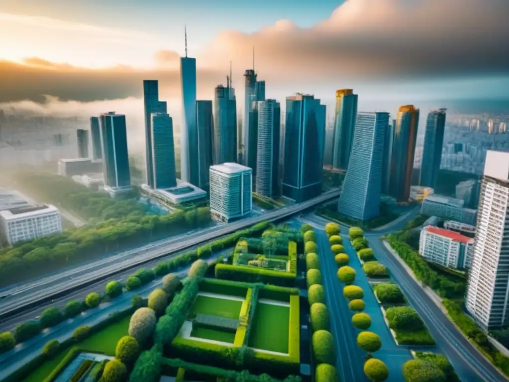Metrópolis vibrante: éxito en crowdfunding inmobiliario Un vibrante paisaje urbano con rascacielos modernos y bullicioso tráfico, reflejo del éxito en historias inspiradoras crowdfunding inmobiliario