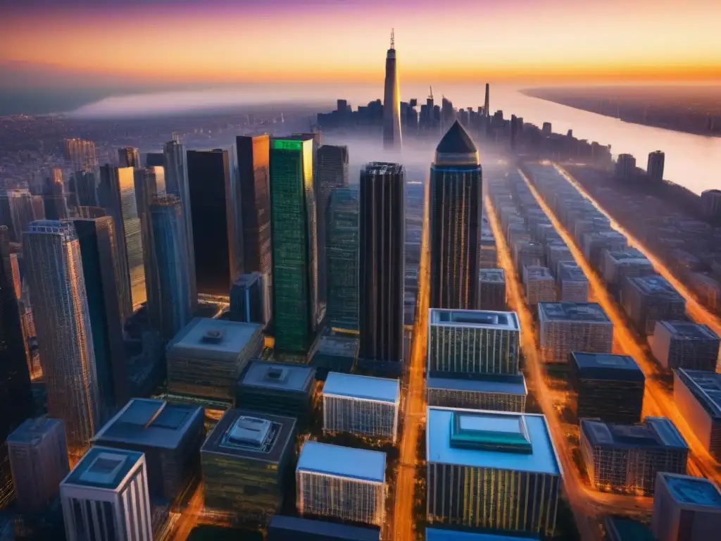 Metrópolis moderna: dinamismo y lujo en el mercado inmobiliario global Un vibrante paisaje urbano con rascacielos modernos y edificios de lujo, reflejando la dinámica naturaleza del mercado inmobiliario global