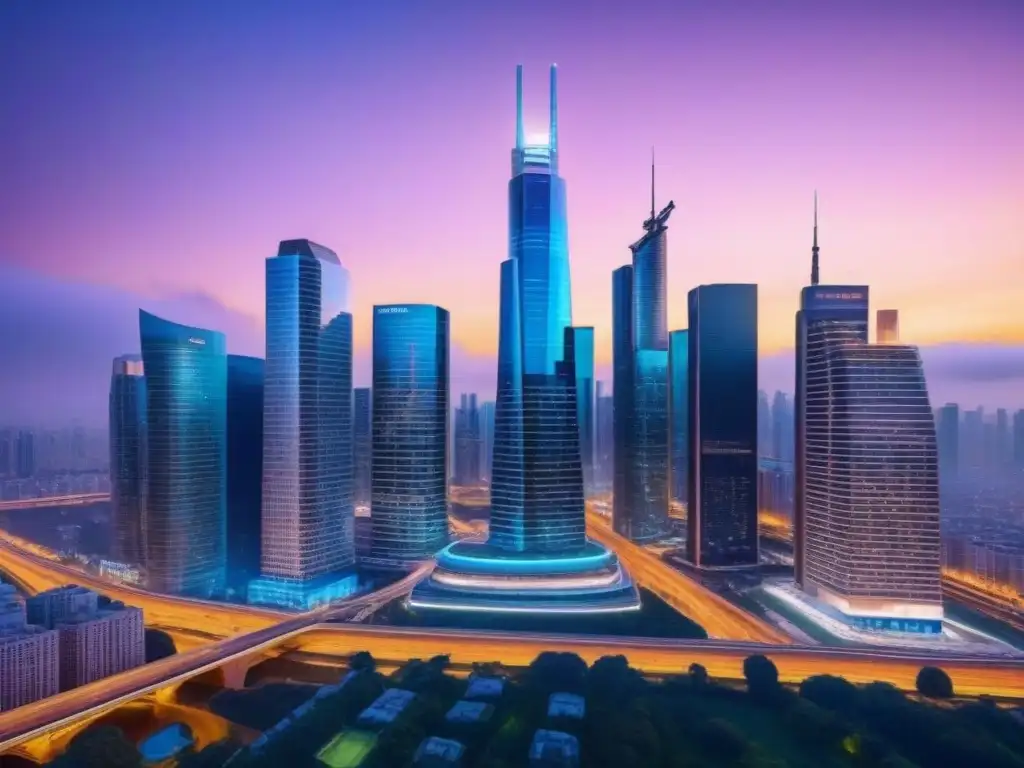 Vibrante ciudad futurista en 8k: inversión inmobiliaria global en 2023 Un vibrante paisaje urbano con rascacielos futuristas al anochecer
