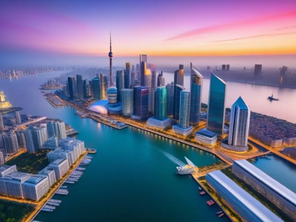Vibrante metrópolis: luces y modernidad junto al mar Un vibrante paisaje urbano con rascacielos y un waterfront animado, reflejando la prosperidad y conectividad global