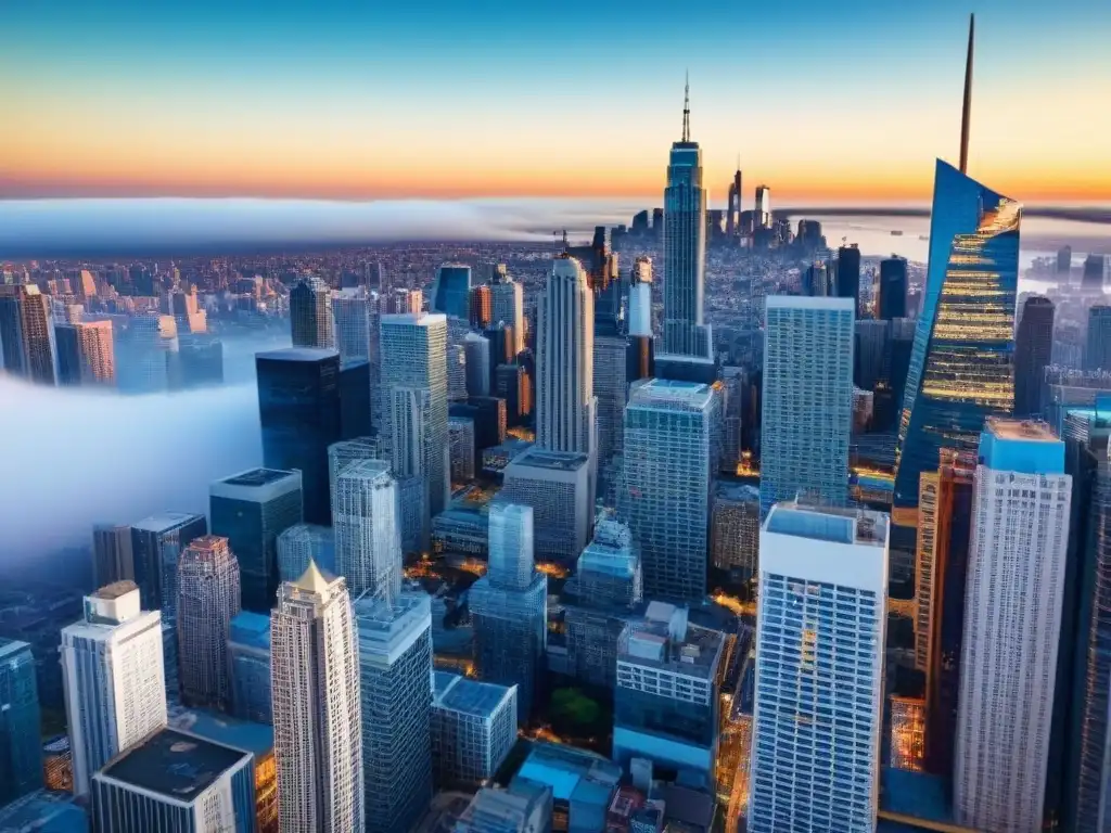 Inversores globales en skyline urbano en mercado emergente Un vibrante paisaje urbano con rascacielos, inversores y desafíos legales en bienes raíces