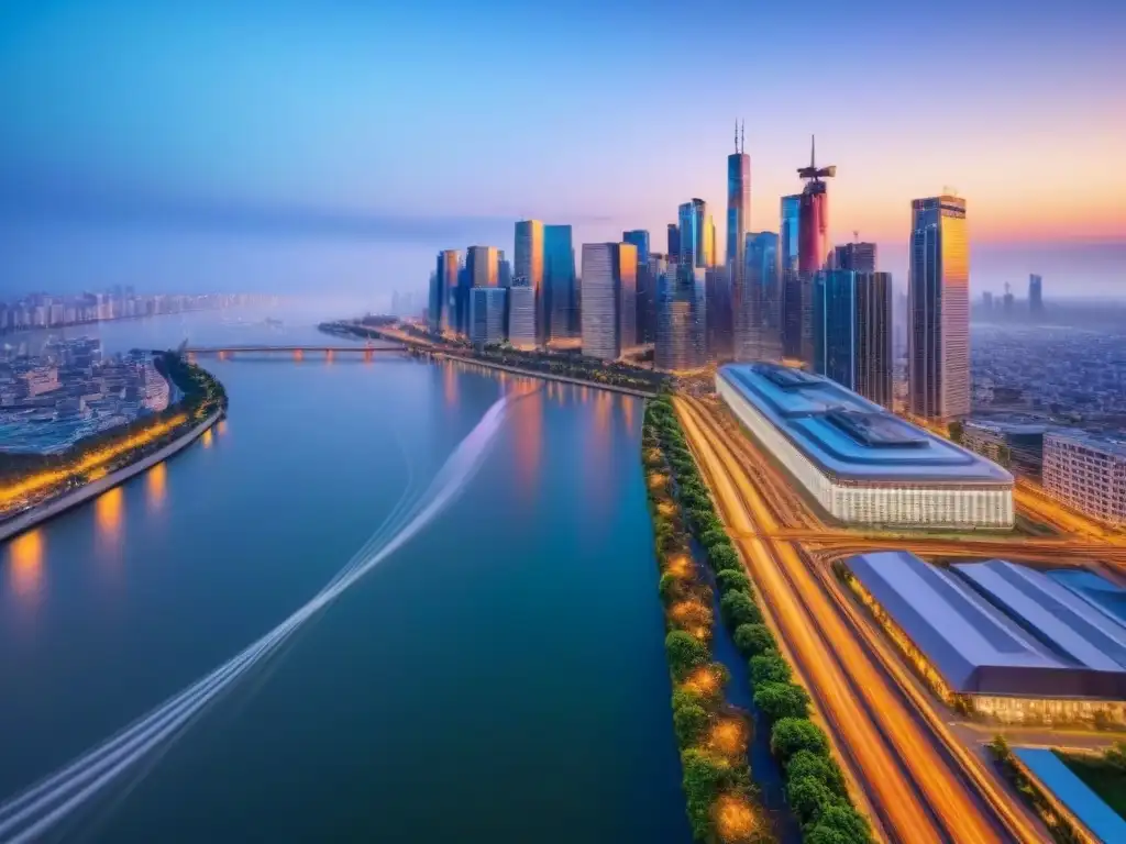 Horizonte urbano: luces y modernidad en inversión inmobiliaria Vibrante paisaje urbano con rascacielos junto al río, reflejando luces de la ciudad al anochecer