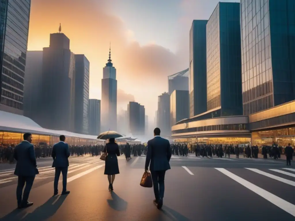 Horizonte urbano dorado en atardecer: mercado inmobiliario próspero Un vibrante paisaje urbano con rascacielos reflejando el sol poniente, iluminando la ciudad