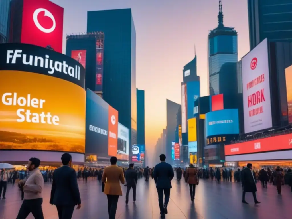 Metrópolis dorada: escenario de progreso inmobiliario internacional Un vibrante paisaje urbano con rascacielos reflejando los tonos dorados del atardecer y gente diversa en calles transitadas con edificios futuristas y vallas publicitarias iluminadas