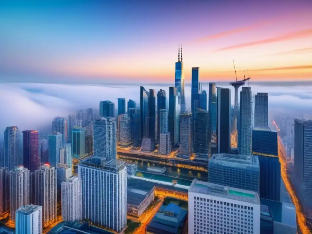 Contrastes urbanos: modernidad y tradición en el mercado inmobiliario Vibrante paisaje urbano con rascacielos modernos y arquitectura tradicional, reflejando mercados inmobiliarios emergentes migración global