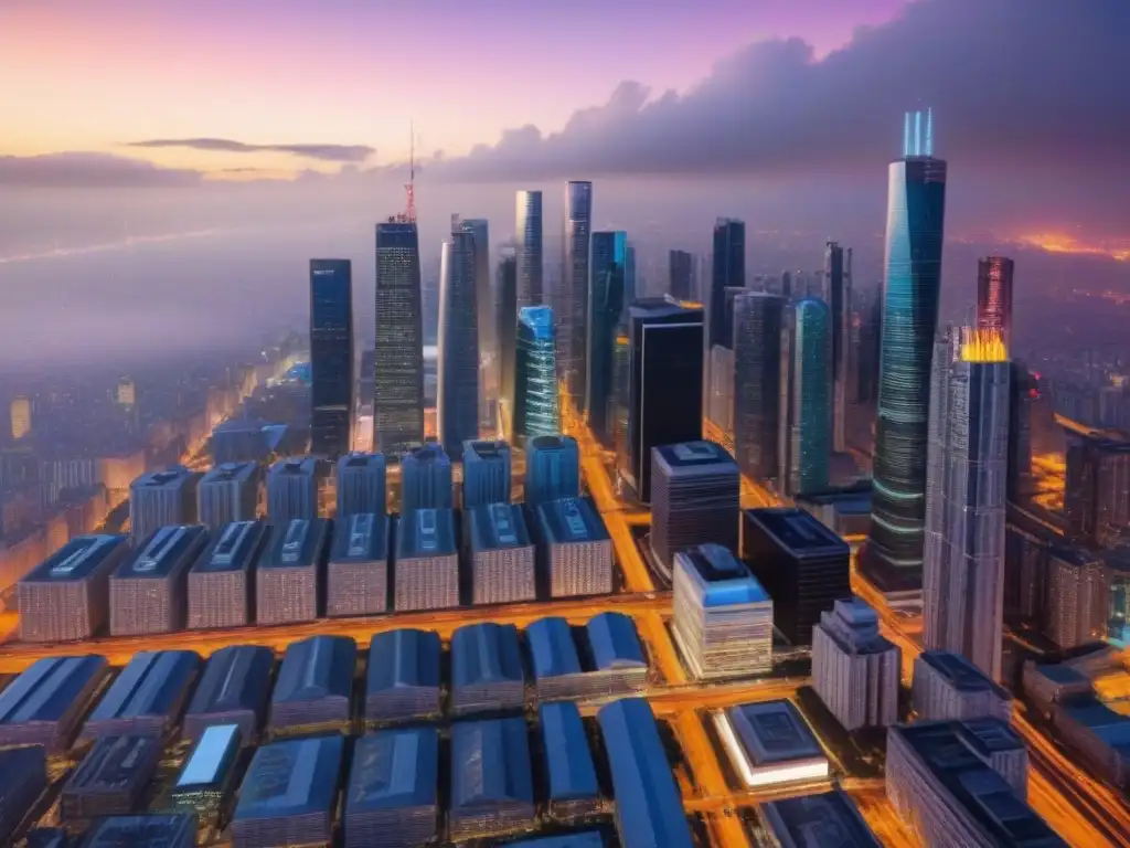 Metrópolis futurista: luces neón y energía urbana Un vibrante paisaje urbano al anochecer con rascacielos iluminados y calles llenas de vida