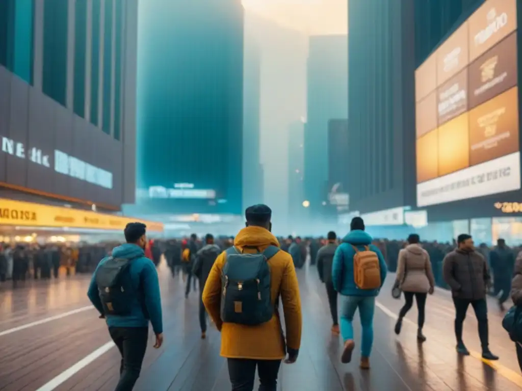 Oportunidades urbanas: migración y desarrollo en la ciudad Un vibrante paisaje urbano al anochecer, con rascacielos modernos iluminados por una cálida luz dorada