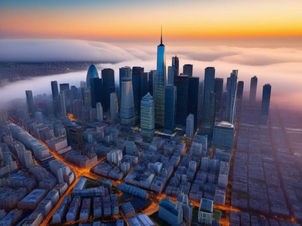 Horizonte urbano: atardecer dorado en la metrópolis Vibrante paisaje urbano con rascacielos reflejando el sol dorado, ideal para inversiones inmobiliarias internacionales áreas metropolitanas