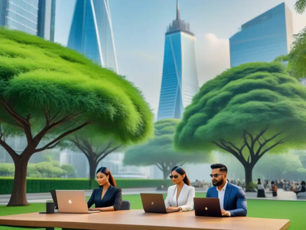 Metrópolis futurista: trabajo remoto en armonía con la naturaleza Un vibrante paisaje urbano con rascacielos futuristas, un parque sereno y profesionales trabajando en laptops bajo árboles verdes