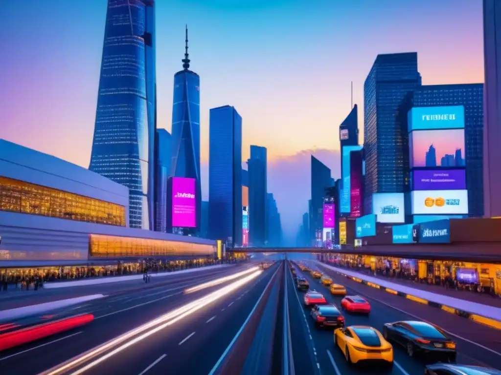Horizonte urbano futurista al anochecer: luces, autos autónomos y progreso Vibrante paisaje urbano al anochecer, con rascacielos iluminados y gente transitando