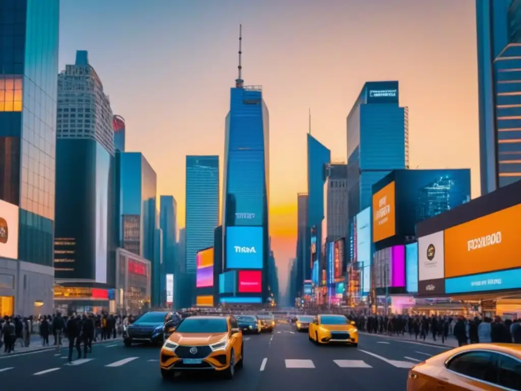 Metrópolis futurista al atardecer: inversión inmobiliaria global redefinida Un vibrante paisaje urbano al anochecer, con rascacielos modernos iluminados y multitud de personas