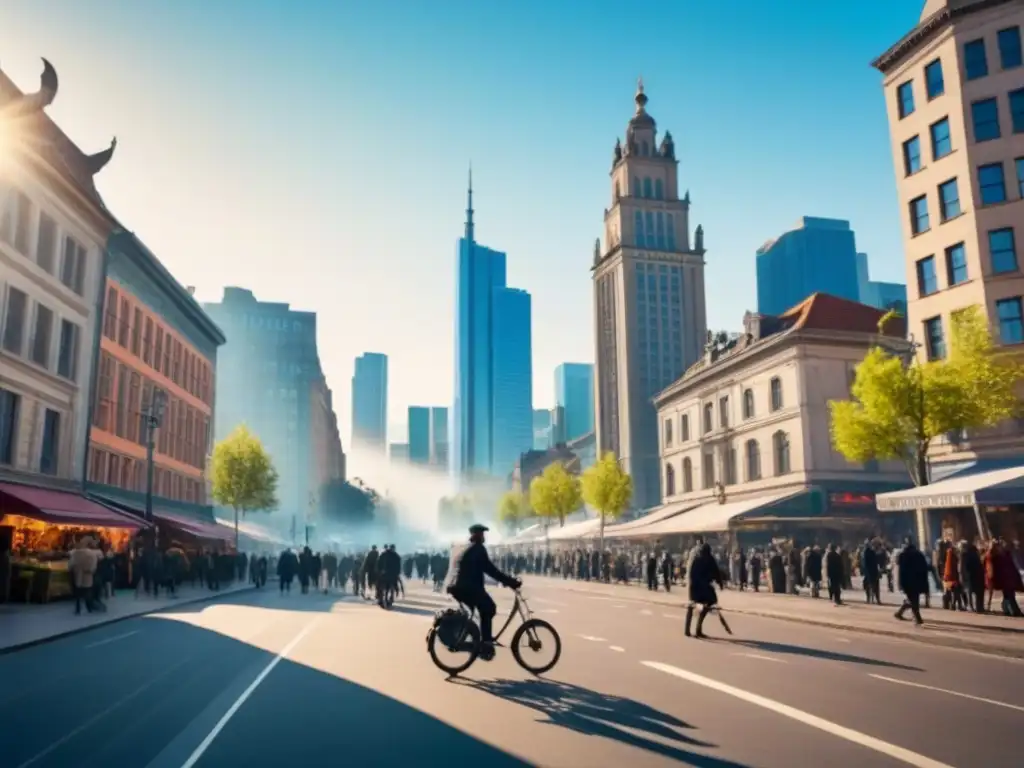 Metrópolis vibrante: panorama urbano con diversidad y dinamismo Un vibrante paisaje urbano con rascacielos y gente diversa en actividades urbanas, reflejando la influencia de las políticas de vivienda globales