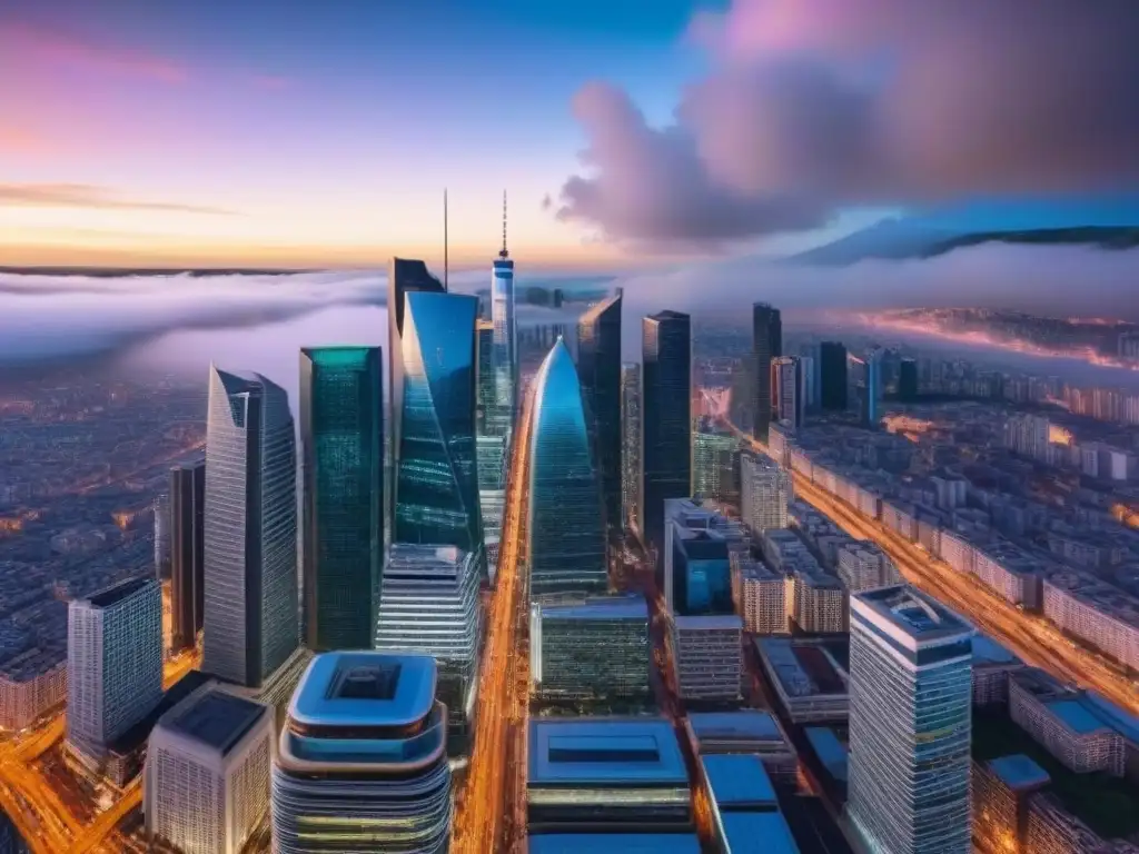 Horizonte urbano al atardecer: real estate en mercados emergentes Vibrante paisaje urbano al anochecer con rascacielos iluminados y oficina moderna de vidrio