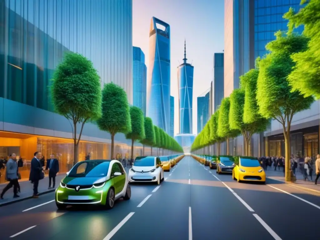 Metrópolis sostenible del futuro: edificios verdes y tecnología eco Un vibrante paisaje urbano con rascacielos futuristas y diseño sostenible