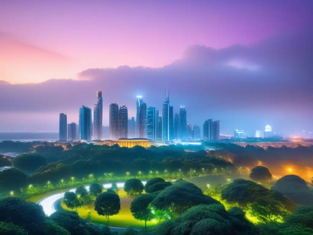Espectacular ciudad futurista: luces y vida en parque urbano Un vibrante paisaje urbano al anochecer, con rascacielos innovadores iluminados por luces coloridas