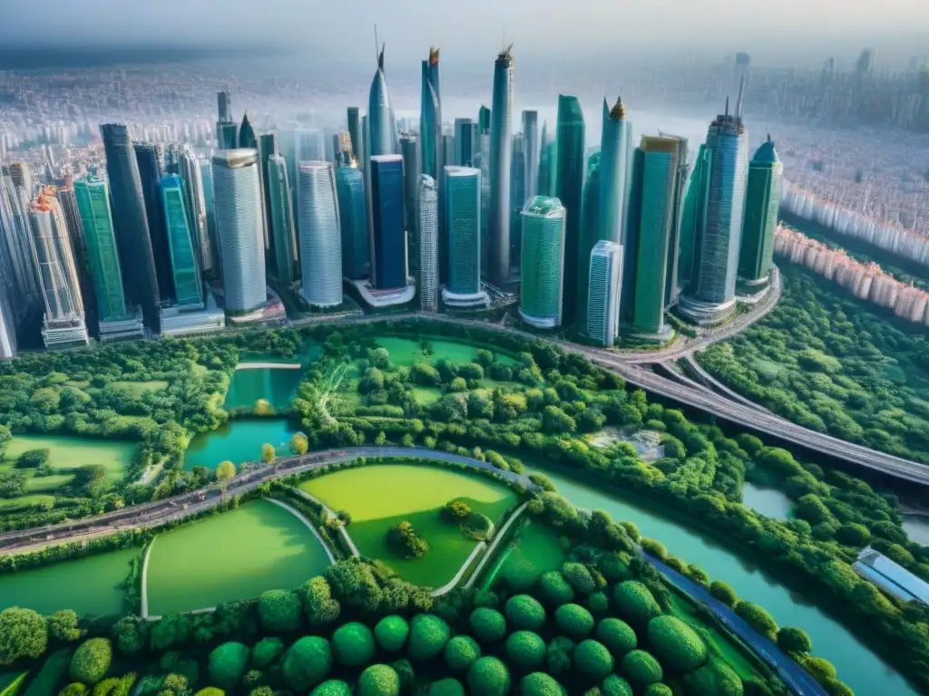 Metrópolis vibrante: real estate global en una ciudad dinámica Un vibrante paisaje urbano con rascacielos y parques verdes, reflejando el mercado inmobiliario internacional