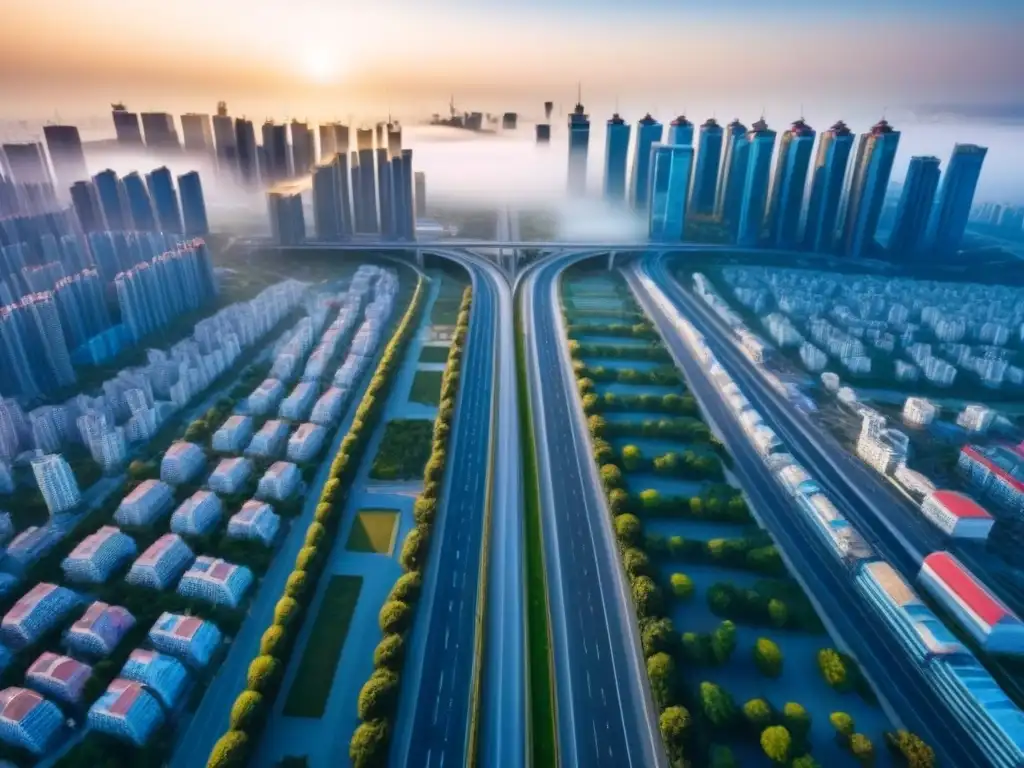 Cityscape vibrante en la Ruta de la Franja y la Ruta de la Seda Vibrante paisaje urbano en la Ruta de la Franja y la Ruta, con interconexión de rutas y rascacielos modernos al atardecer