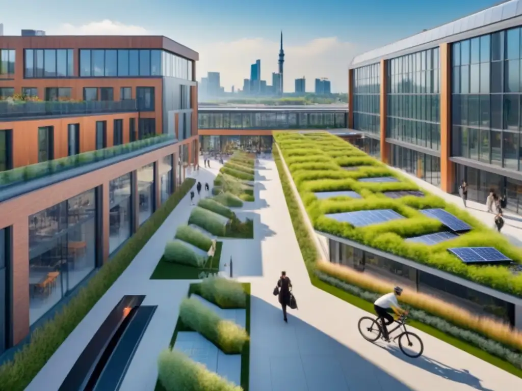 Desarrollo urbano sostenible: armonía moderna y verde Vibrante paisaje urbano sostenible con edificaciones verdes y personas diversas