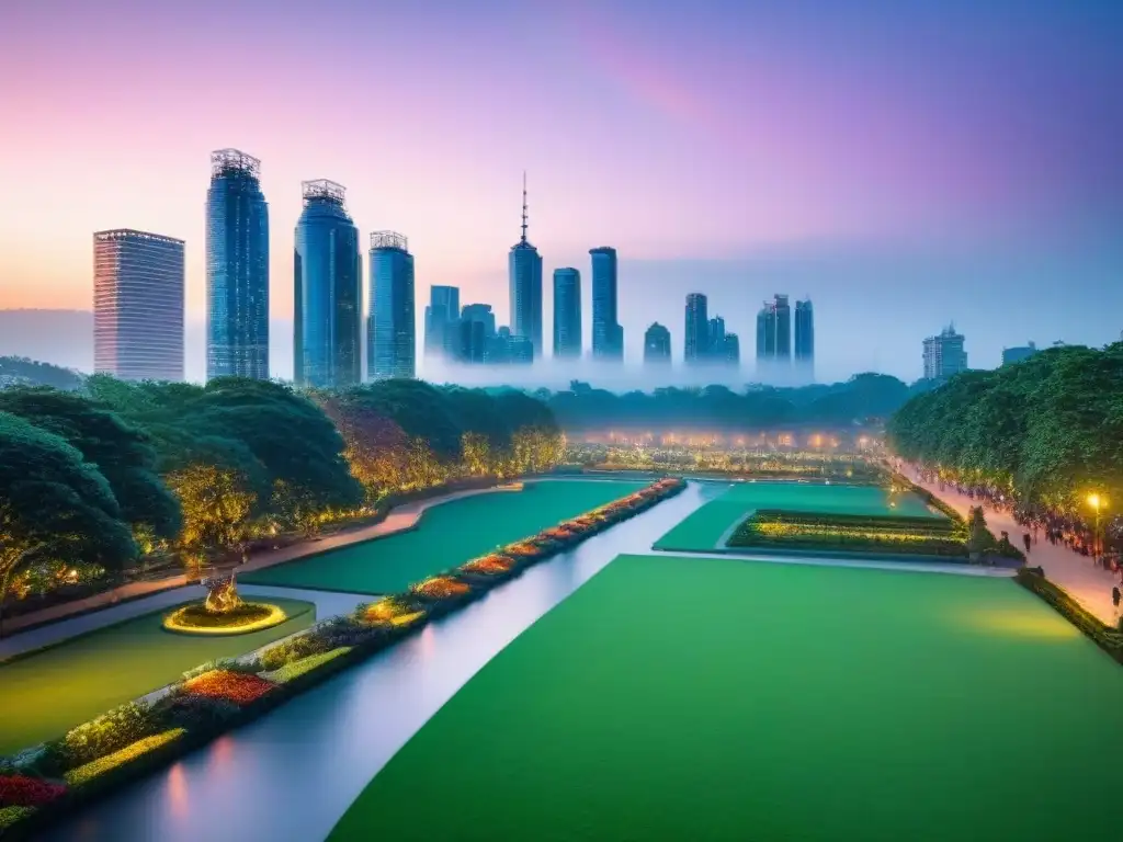 Metrópolis sostenible: armonía entre ciudad y naturaleza al anochecer Un vibrante paisaje urbano sostenible al anochecer, con rascacielos iluminados y un parque verde lleno de actividad