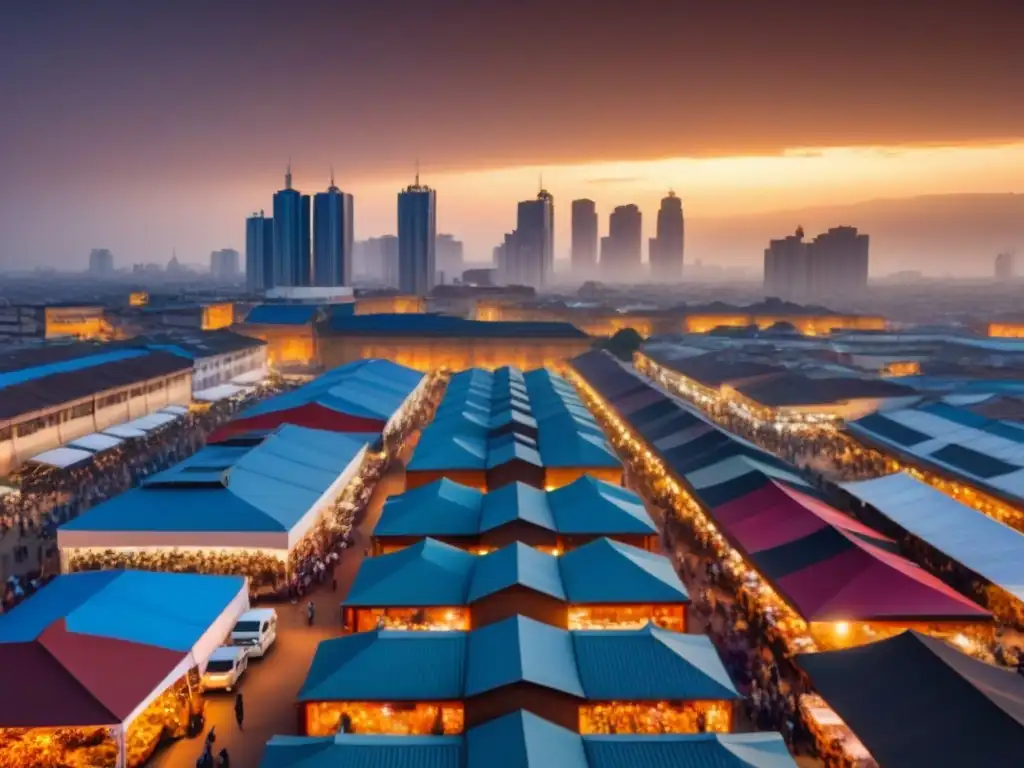 Cityscape africano: mezcla de tradición y modernidad en 8k Un vibrante paisaje urbano en África Subsahariana con arquitectura moderna y tradicional, gente y vehículos