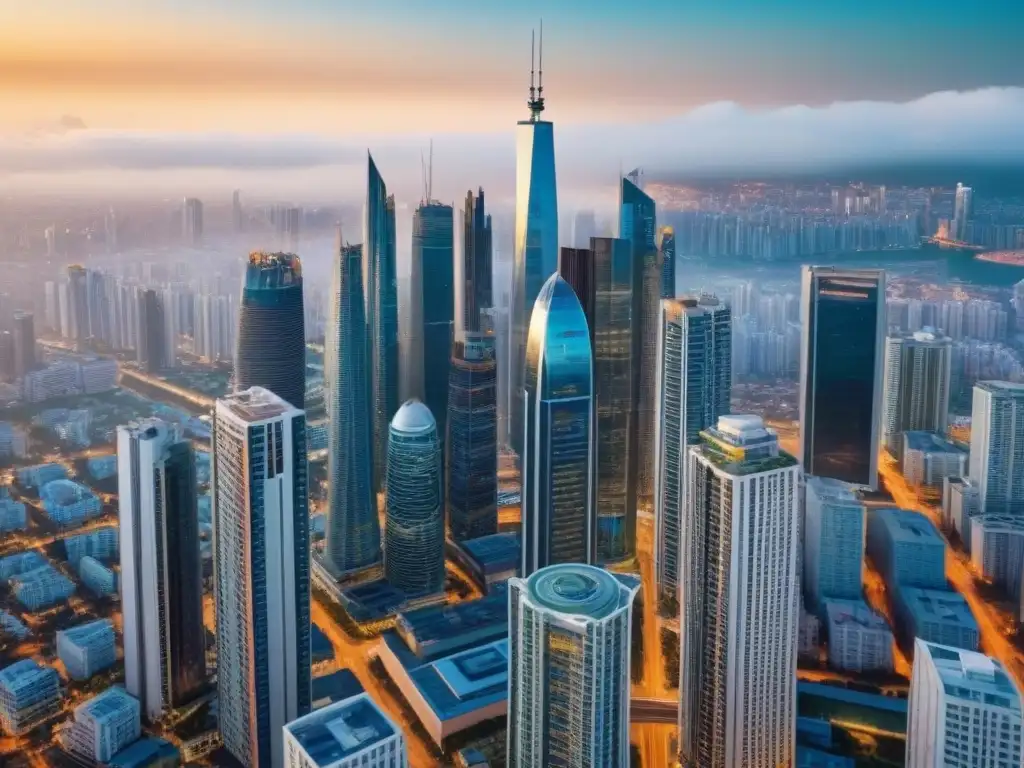 Oportunidades globales de inversión inmobiliaria: ciudad moderna en auge Un vibrante paisaje urbano con una variedad de rascacielos modernos, representando oportunidades de inversión en estrategias inmobiliarias globales