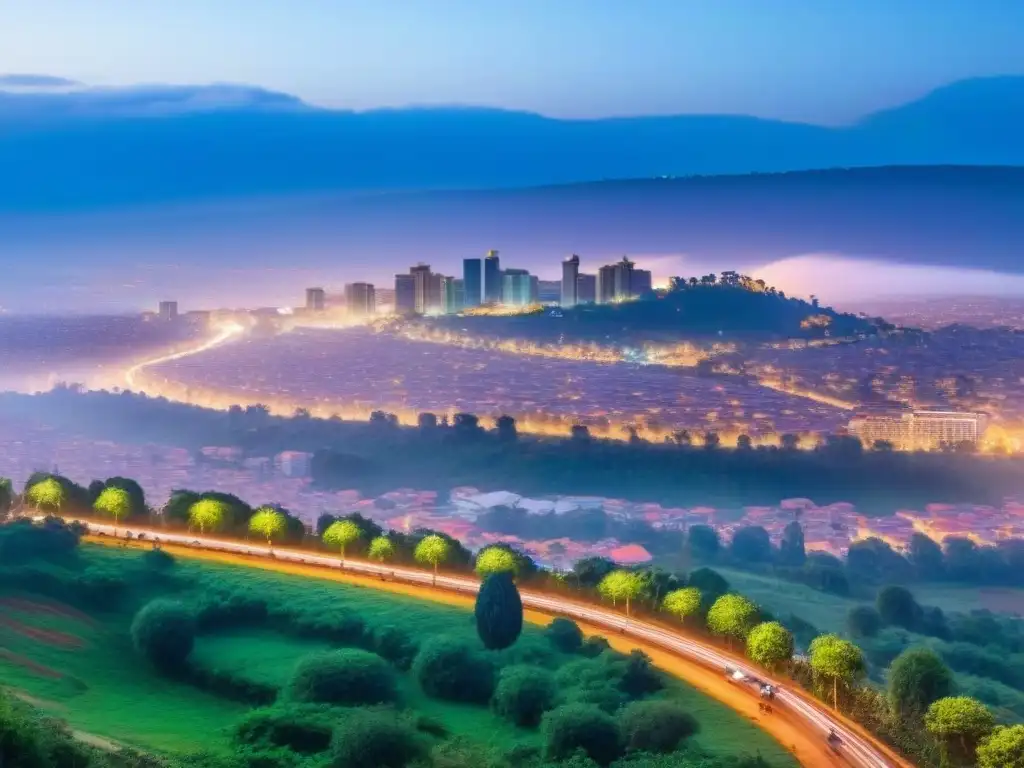 Kigali, Ruanda: Esencia urbana en evolución Un vibrante panorama aéreo de la bulliciosa ciudad de Kigali, Ruanda, con rascacielos modernos y calles llenas de vida bajo un cielo azul