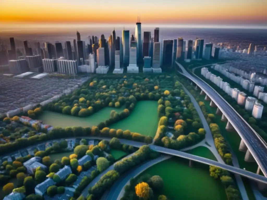 Metrópolis en crecimiento: luces y sombras de la ciudad moderna Un vibrante panorama aéreo de una concurrida área metropolitana, mostrando un moderno horizonte lleno de rascacielos y edificios residenciales