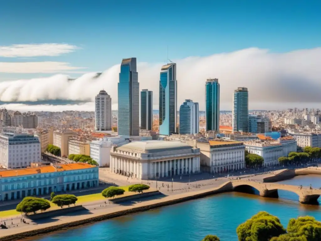 Skyline de Montevideo: modernidad y tradición en un centro urbano vibrante Vibrante panorama de Montevideo con modernos rascacielos y arquitectura histórica bajo un cielo azul