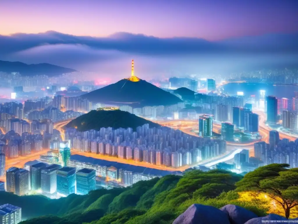 Horizonte nocturno de Seúl: modernidad y tradición Vibrante panorama nocturno de Seúl, con arquitectura futurista y tradicional, reflejando beneficios inversion mercado inmobiliario internacional
