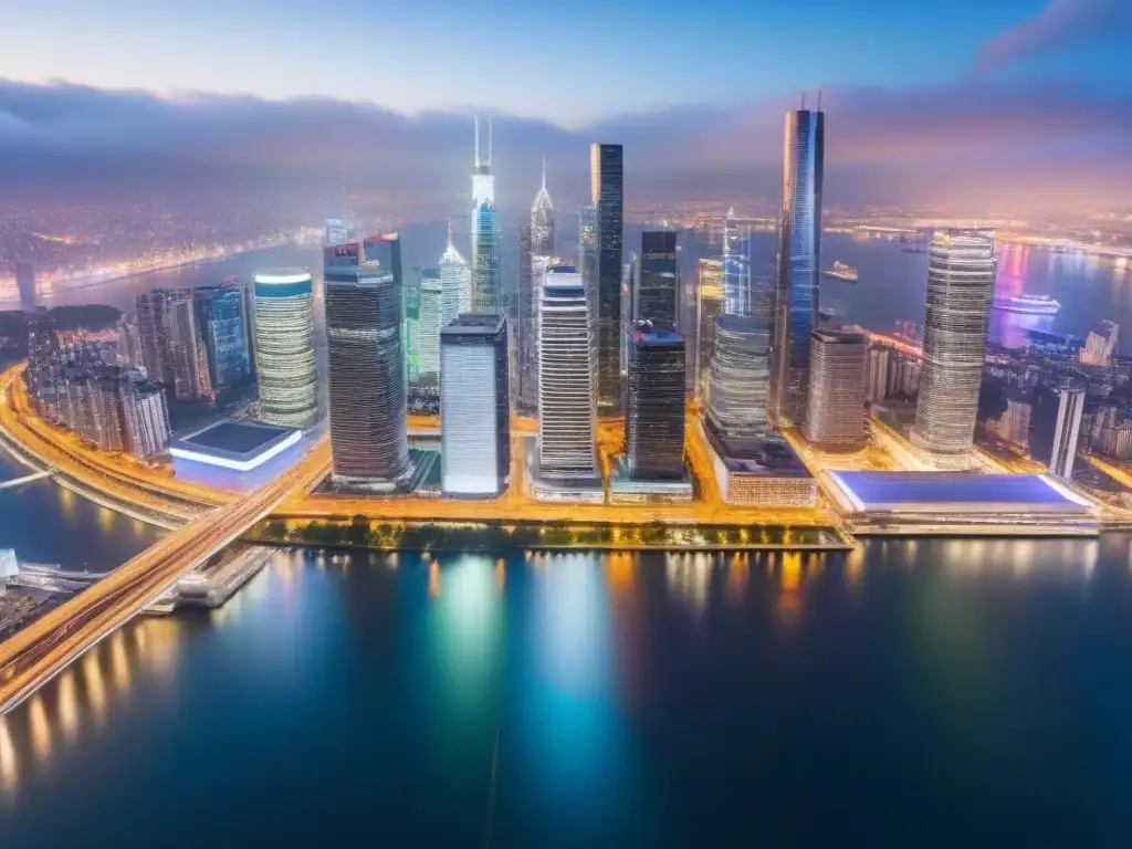 Esplendor nocturno: Distrito financiero vibrante en la ciudad Vibrante panorama nocturno de una ciudad financiera iluminada, reflejada en un río, transmitiendo prosperidad e innovación