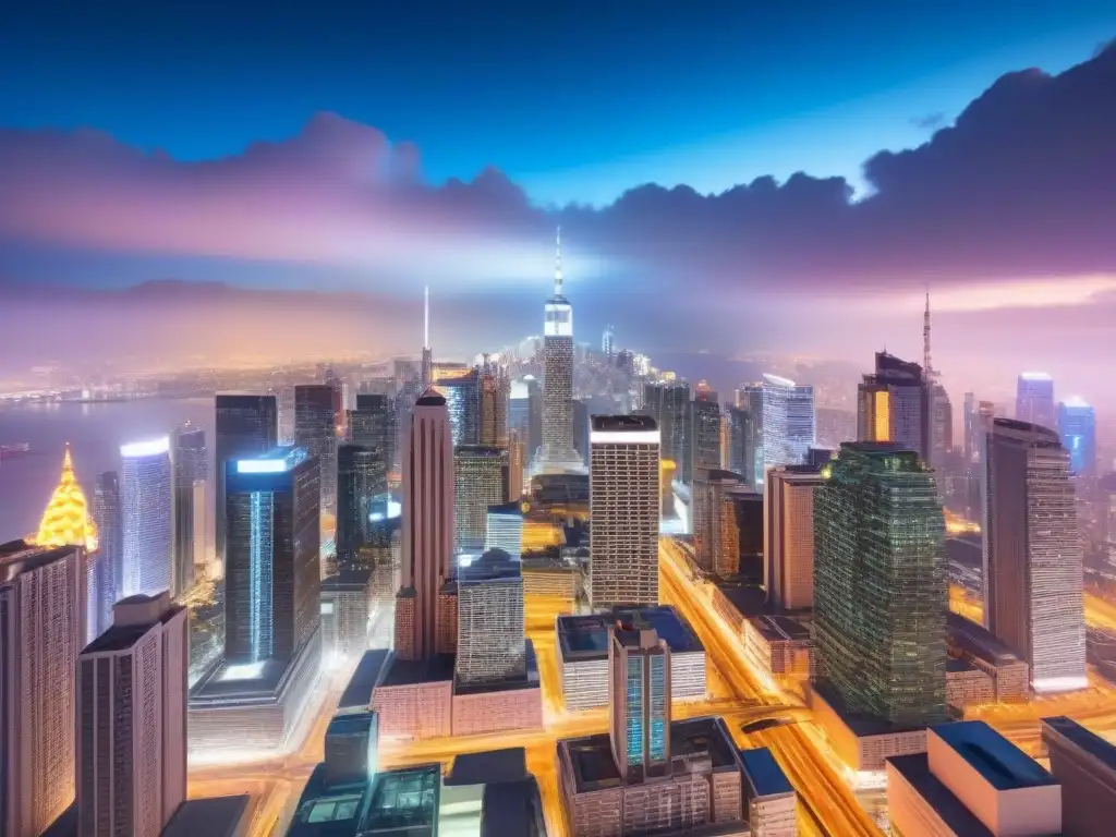 Cityscape nocturno: luces vibrantes en rascacielos Un vibrante panorama nocturno de una ciudad en 8k, reflejando el impacto del entorno político en inversiones inmobiliarias