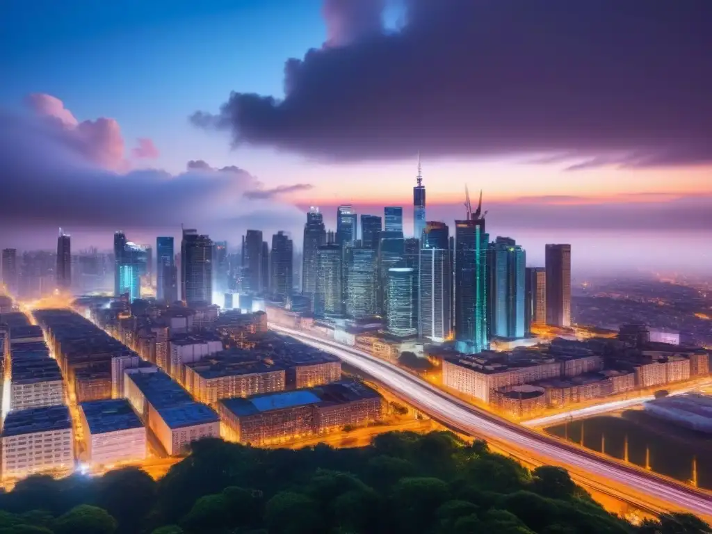Espléndido skyline nocturno de una ciudad moderna Vibrante panorama nocturno de una ciudad con rascacielos iluminados y luces de autos, ideal para consejos negociar seguros áreas riesgo