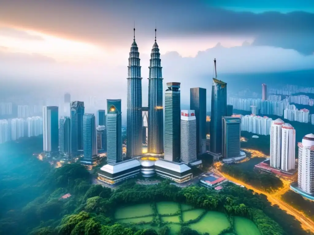 Esplendor urbano: Kuala Lumpur y sus modernos rascacielos Vibrante panorama de Kuala Lumpur con las Torres Petronas y rascacielos modernos, reflejando la inversión en bienes raíces en Malasia