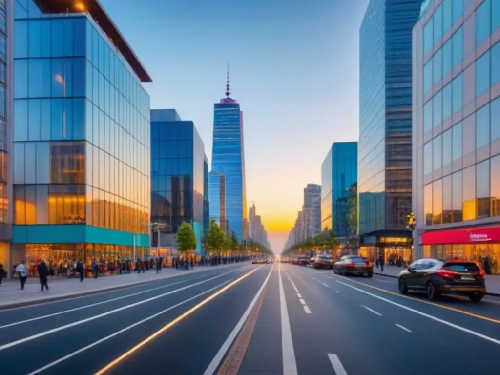 Metrópolis moderna al atardecer: dinamismo y arquitectura contemporánea Vibrante panorama urbano al atardecer con rascacielos modernos y calles llenas de vida