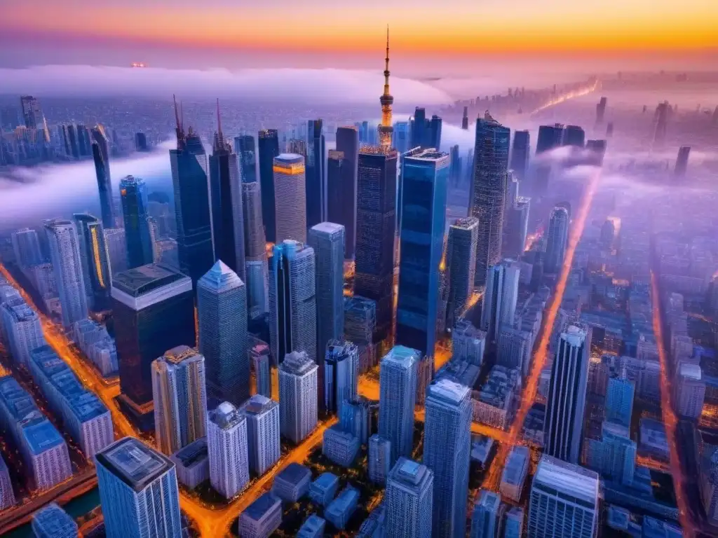 Metrópolis en evolución: ciudad moderna al atardecer Vibrante panorama urbano al atardecer, reflejo de las tendencias mercado inmobiliario internacional