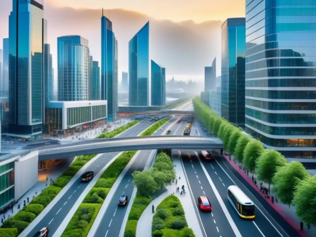 Centro urbano moderno: real estate integrado y movilidad sostenible Un vibrante panorama urbano con desarrollos inmobiliarios integrados y movilidad urbana eficiente