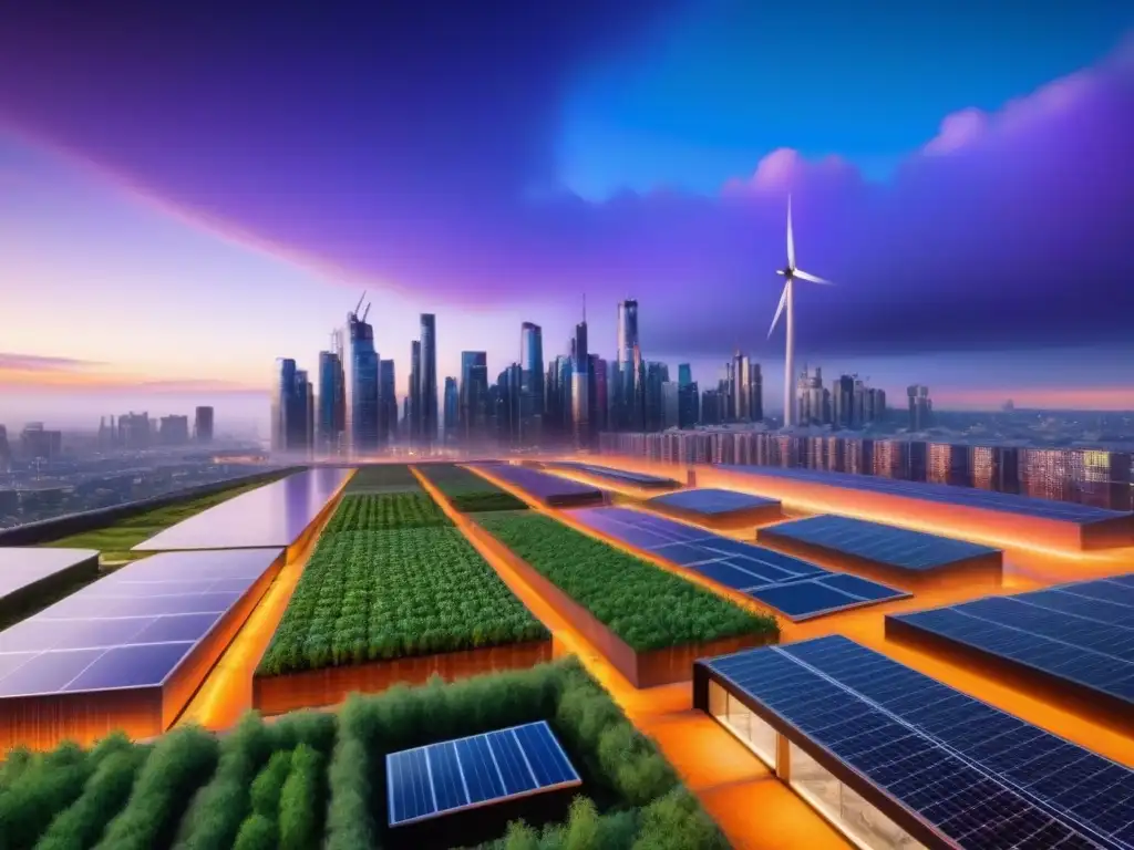 Horizonte futurista ecoamigable: ciudad sostenible al atardecer Vibrante panorama urbano con edificaciones sostenibles y tecnologías verdes