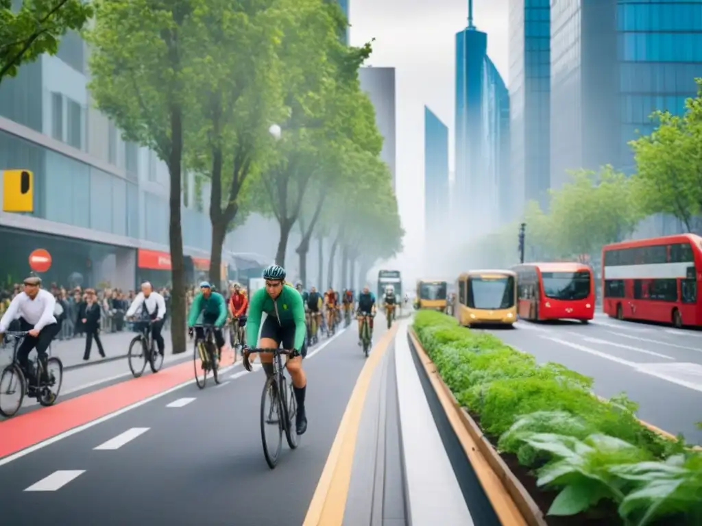 Metrópolis sostenible: modernidad verde en armonía Un vibrante panorama urbano con edificios modernos, jardines en azoteas, paneles solares, peatones, buses eléctricos y ciclistas