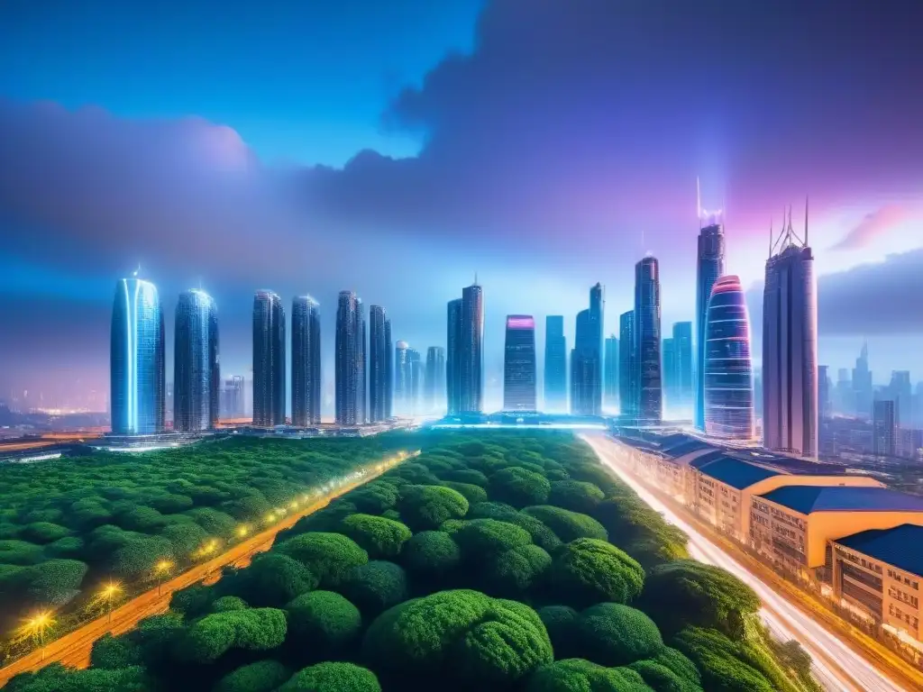 Metrópolis futurista: skyline de rascacielos innovadores y luces neón Vibrante panorama urbano futurista con rascacielos relucientes y luces de neón