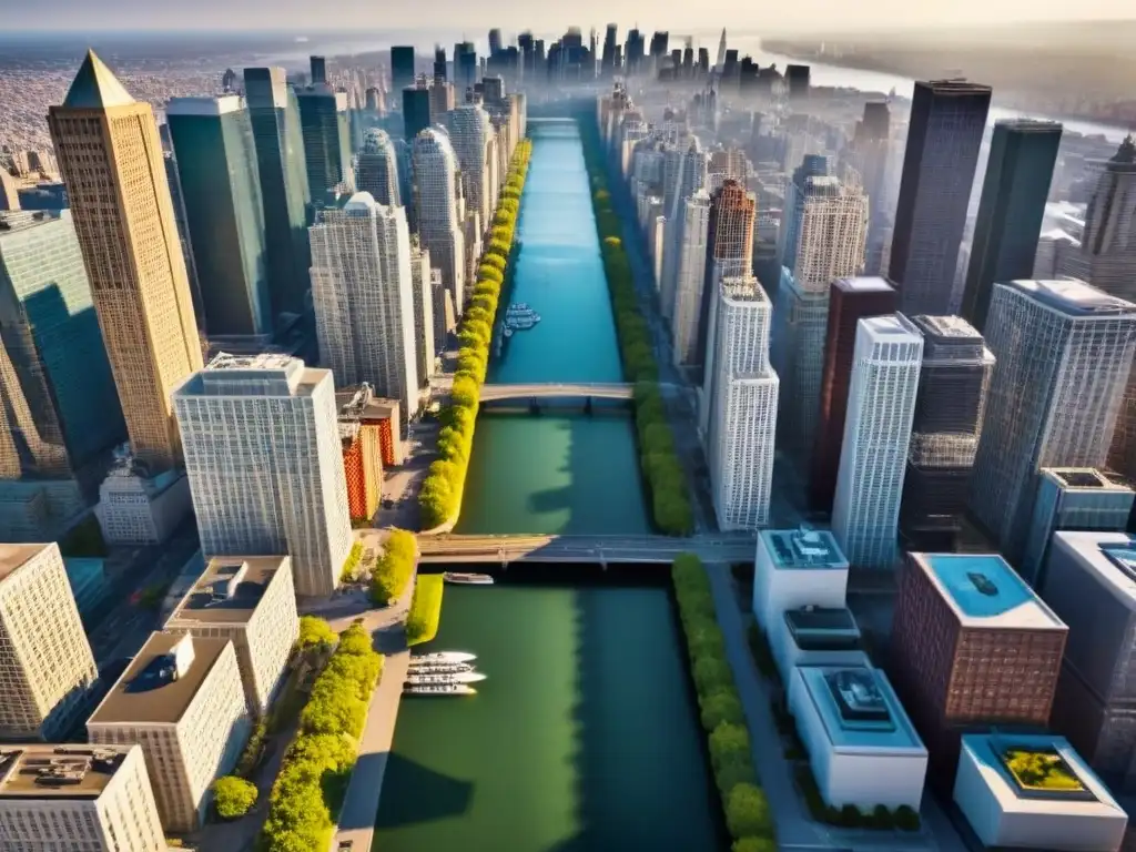 Metrópolis vibrante: Skyline icónico y vida urbana en América del Norte Vibrante panorama urbano con icónicos rascacielos y modernos edificios residenciales en Norteamérica