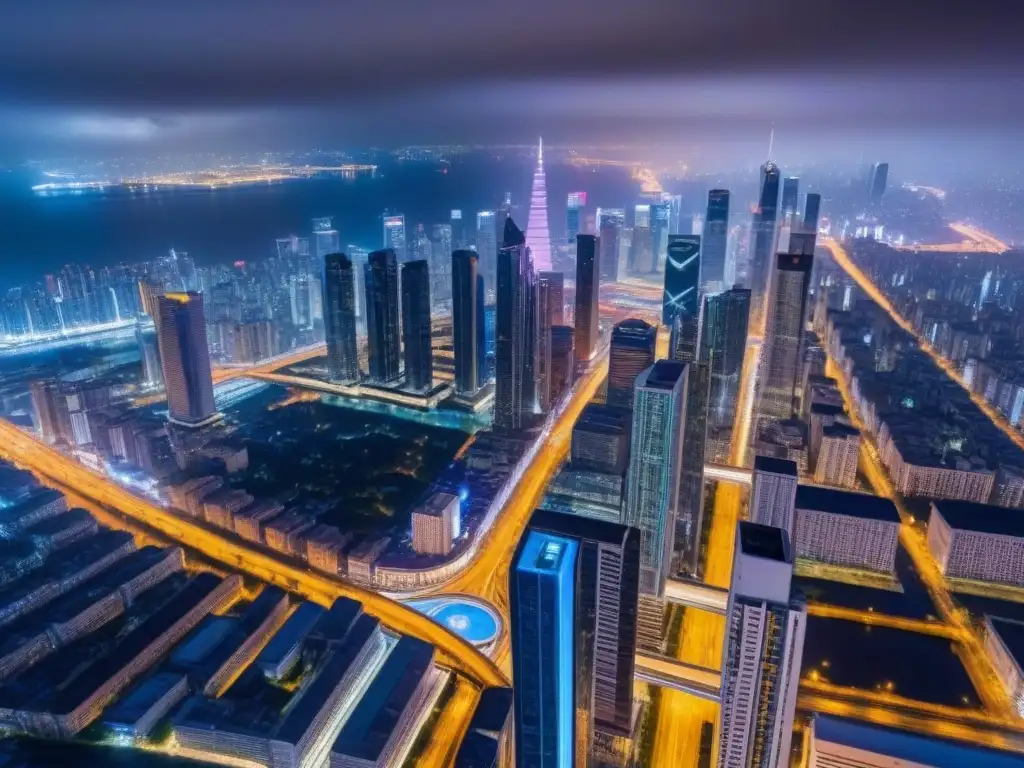 Metrópolis global: vibrante ciudad nocturna con arquitectura diversa Un vibrante panorama urbano internacional con modernos rascacielos y barrios coloridos, reflejando el mercado inmobiliario internacional personalizado
