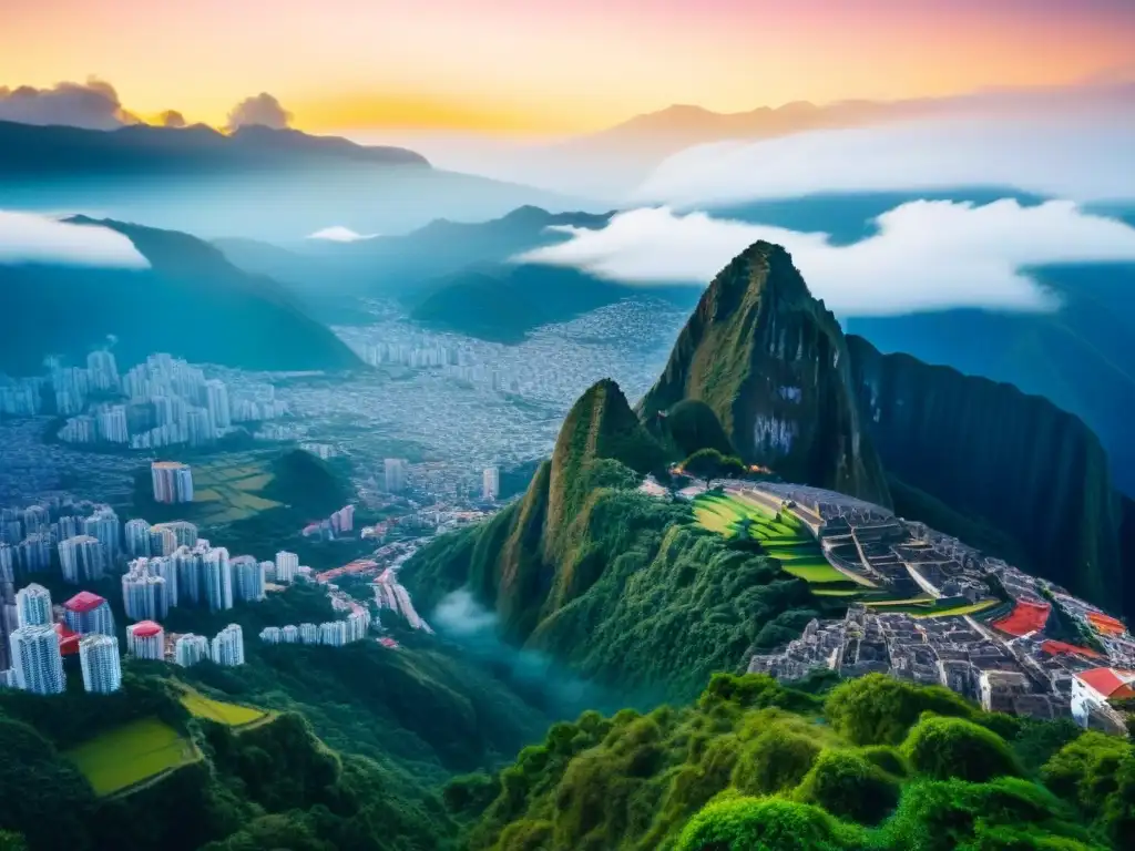 Panorámica impactante: skyline moderno de una ciudad latinoamericana Vibrante panorama urbano en América Latina, mezclando rascacielos modernos con edificios coloridos tradicionales, rodeado de vegetación y montañas