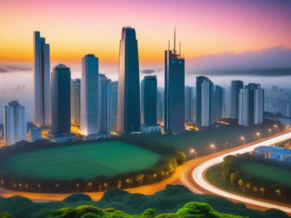 Horizonte urbano latinoamericano: crecimiento y modernidad en el atardecer Vibrante panorama urbano de América Latina al atardecer, con arquitectura moderna y vegetación