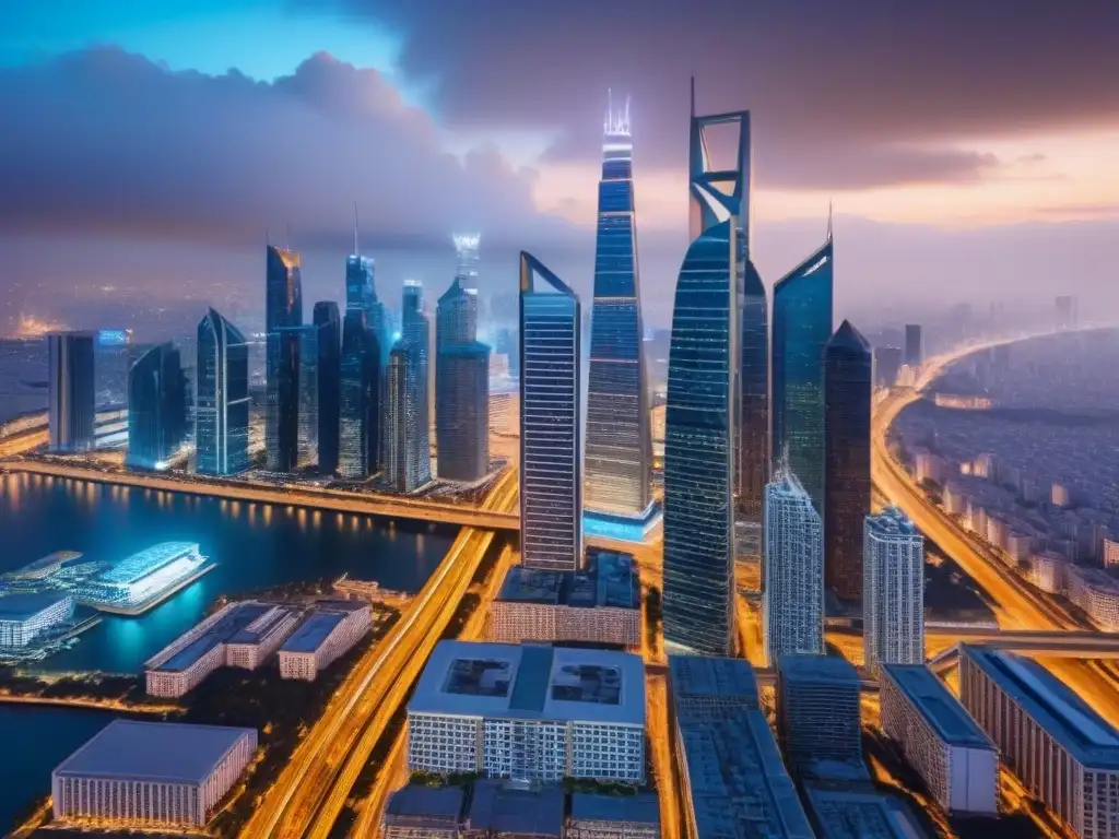 Metrópolis futurista: oportunidades de inversión inmobiliaria global Vibrante panorama urbano con rascacielos y modernos edificios comerciales, representando la desinversión en mercado inmobiliario internacional