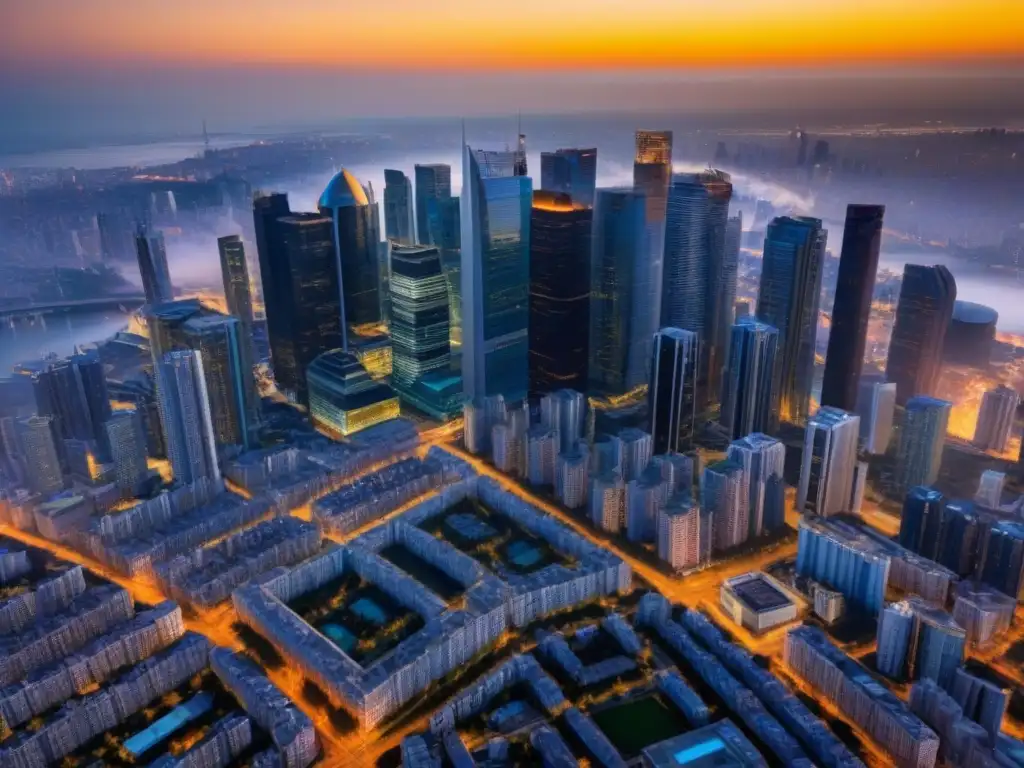Mercado inmobiliario global: skyline urbano enérgico y diverso Un vibrante panorama urbano con rascacielos modernos y propiedades inmobiliarias internacionales, resaltando la investigación mercado bienes raíces internacionales