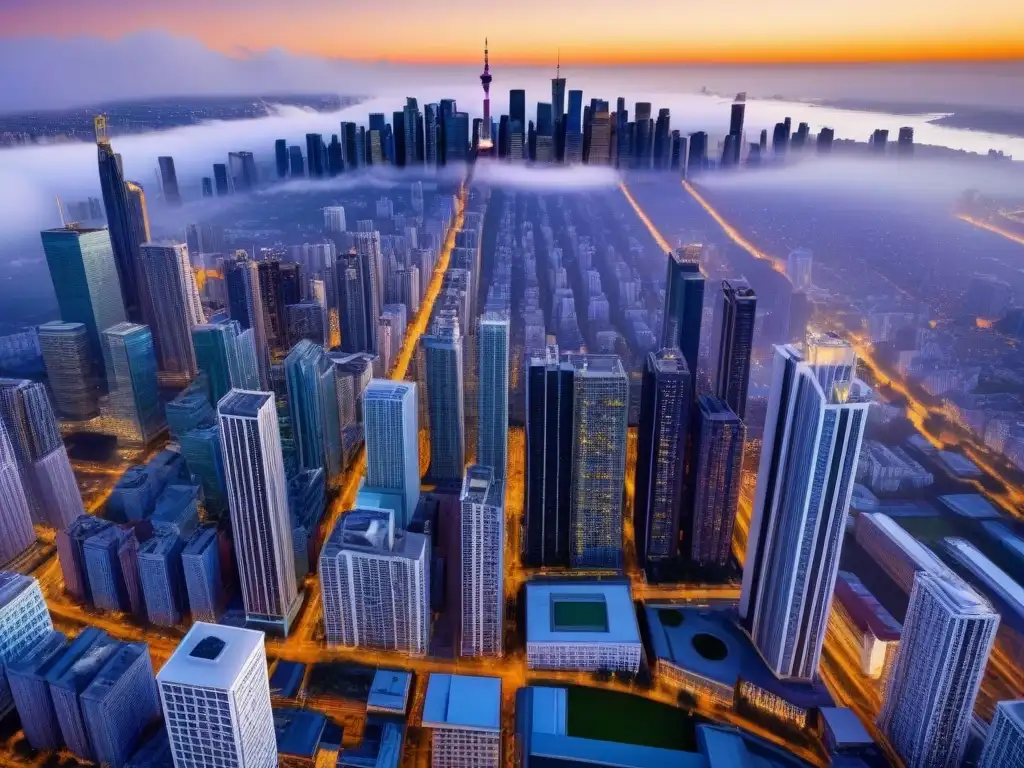 Metrópolis fusionada: la evolución del mercado inmobiliario post-merger Un vibrante panorama urbano postmerger con rascacielos modernos y barrios coloridos, reflejando la fusión en mercados inmobiliarios locales