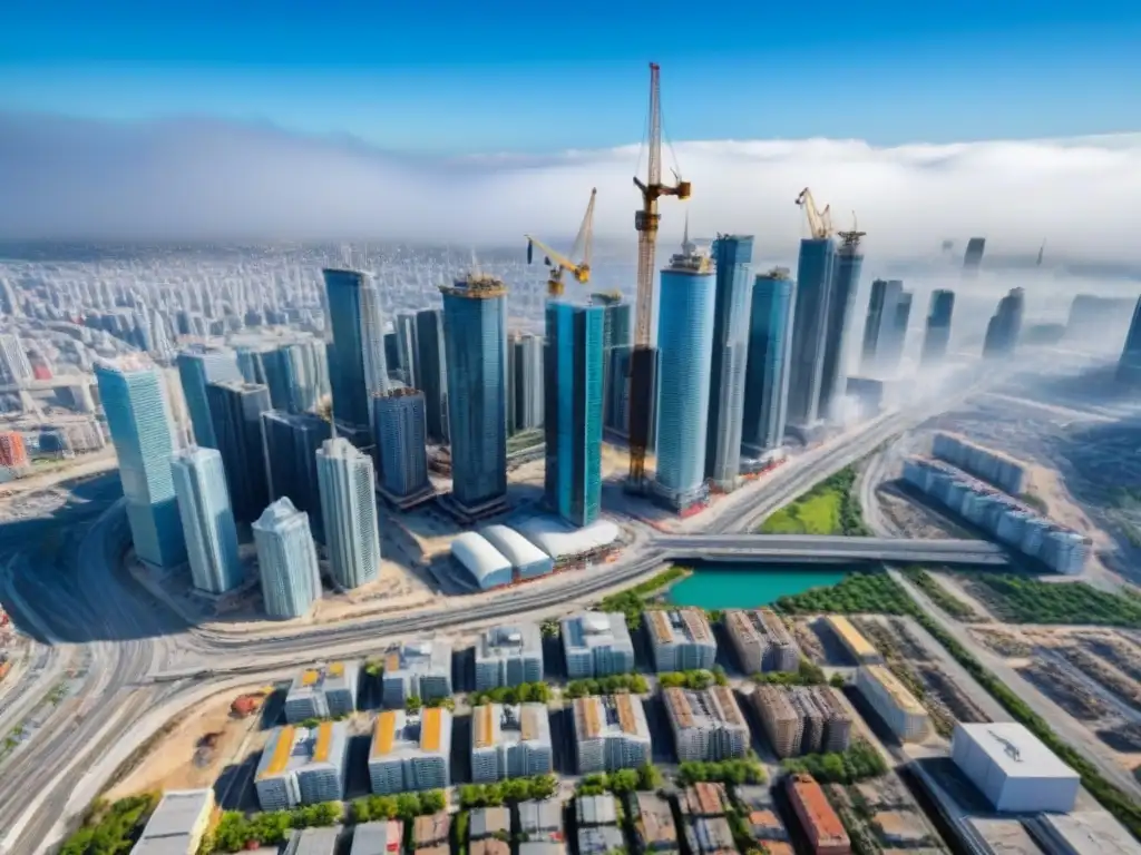 Vibrante mercado inmobiliario: skyline urbano en pleno auge Vibrante panorama urbano con rascacielos modernos y obras en construcción, reflejando la inversión mercado inmobiliario local