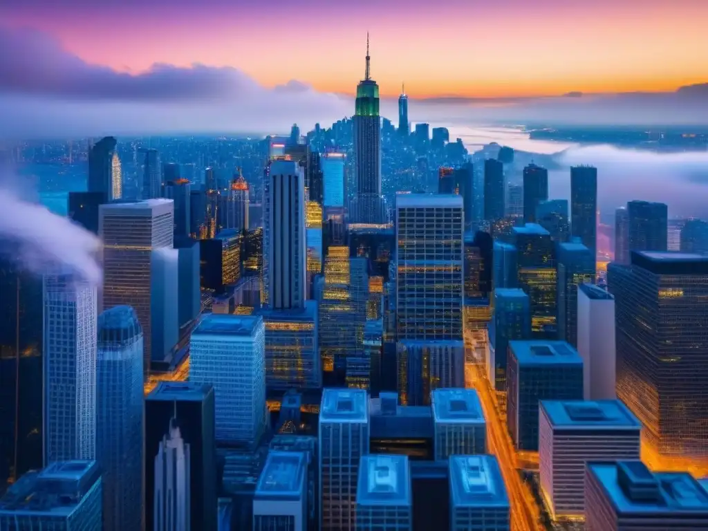 Skyline urbano en 8k: mercado inmobiliario global en auge Vibrante panorama urbano con rascacielos modernos reflejando la recuperación del mercado inmobiliario internacional en un mundo dinámico