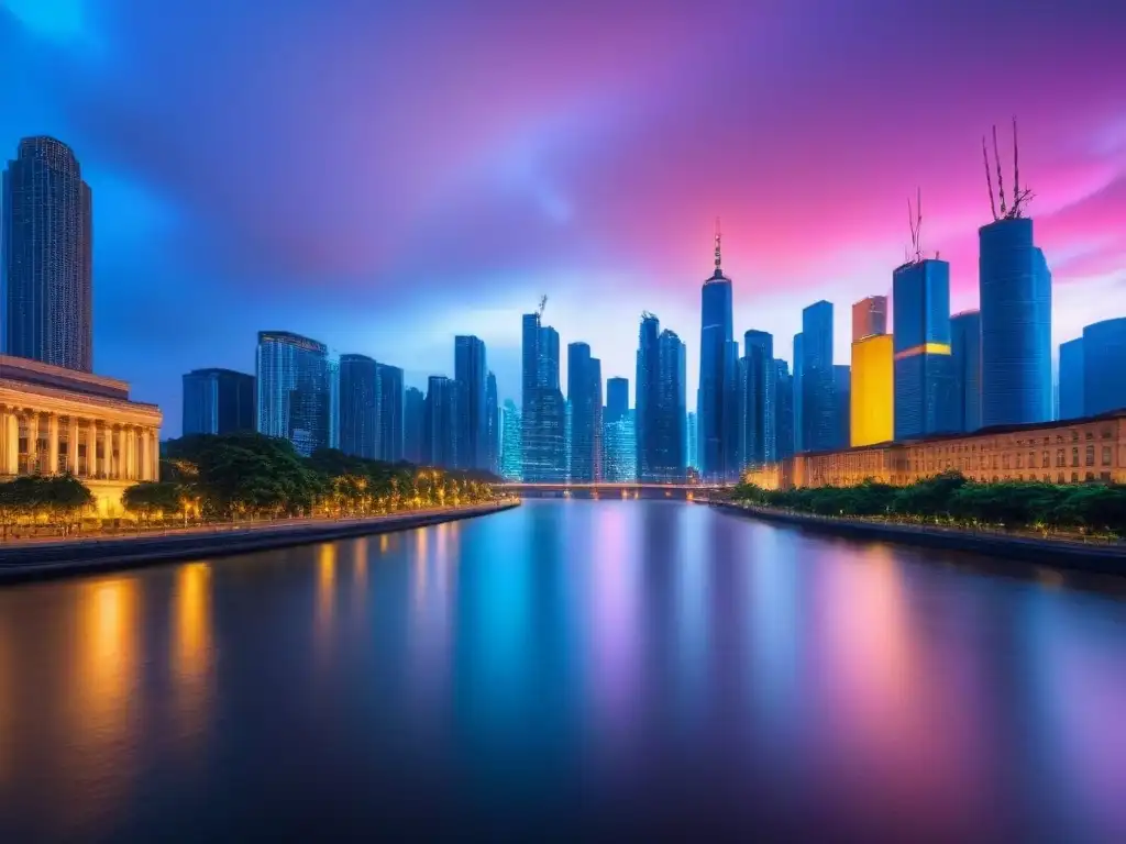 Horizonte urbano brillante: progreso y estabilidad en mercados inmobiliarios emergentes Vibrante panorama urbano al anochecer, con rascacielos iluminados reflejándose en un río tranquilo