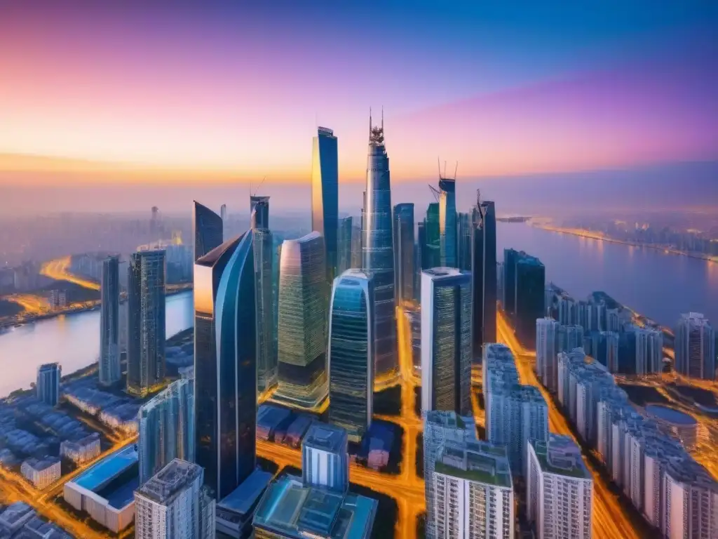 Horizonte urbano moderno: inversión internacional en bienes raíces Vibrante panorama urbano con rascacielos destacando el potencial de invertir en mercado inmobiliario internacional